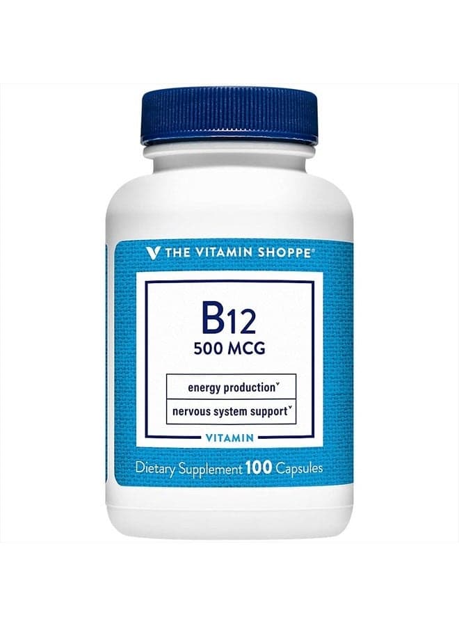 Vitamin B12 500mcg - Supports Energy Production, Once Daily Dietary Supplement - Vitamin B-12 (As Cyanocobalamin), Gluten & Dairy Free (100 Capsules)