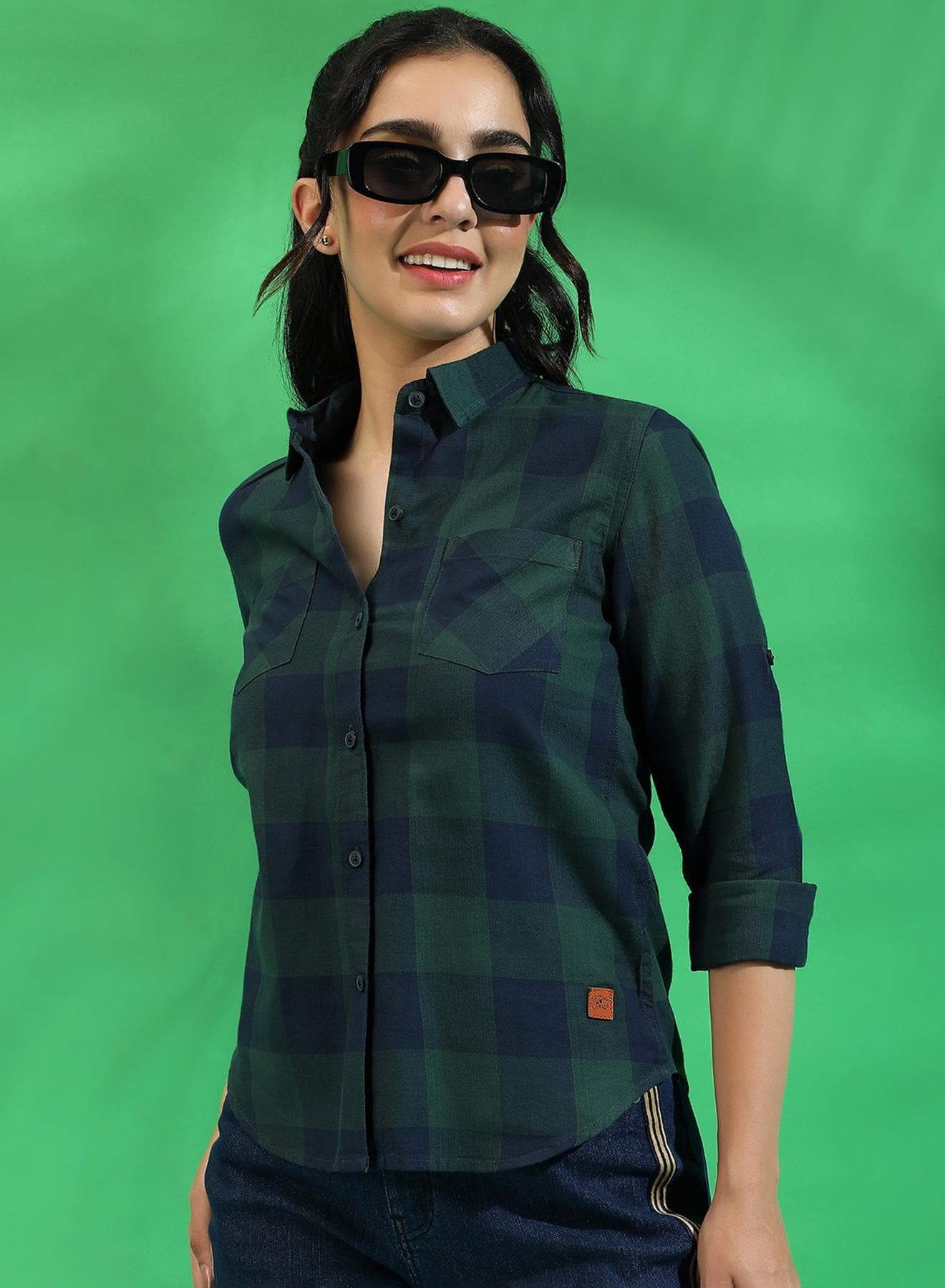 Women's Green & Blue Checkered Button Up Regular Fit Shirt For Casual Wear | Spread Collar | Long Sleeves | Cotton Shirt Crafted With Regular Sleeve & Comfort Fit For Everyday Wear