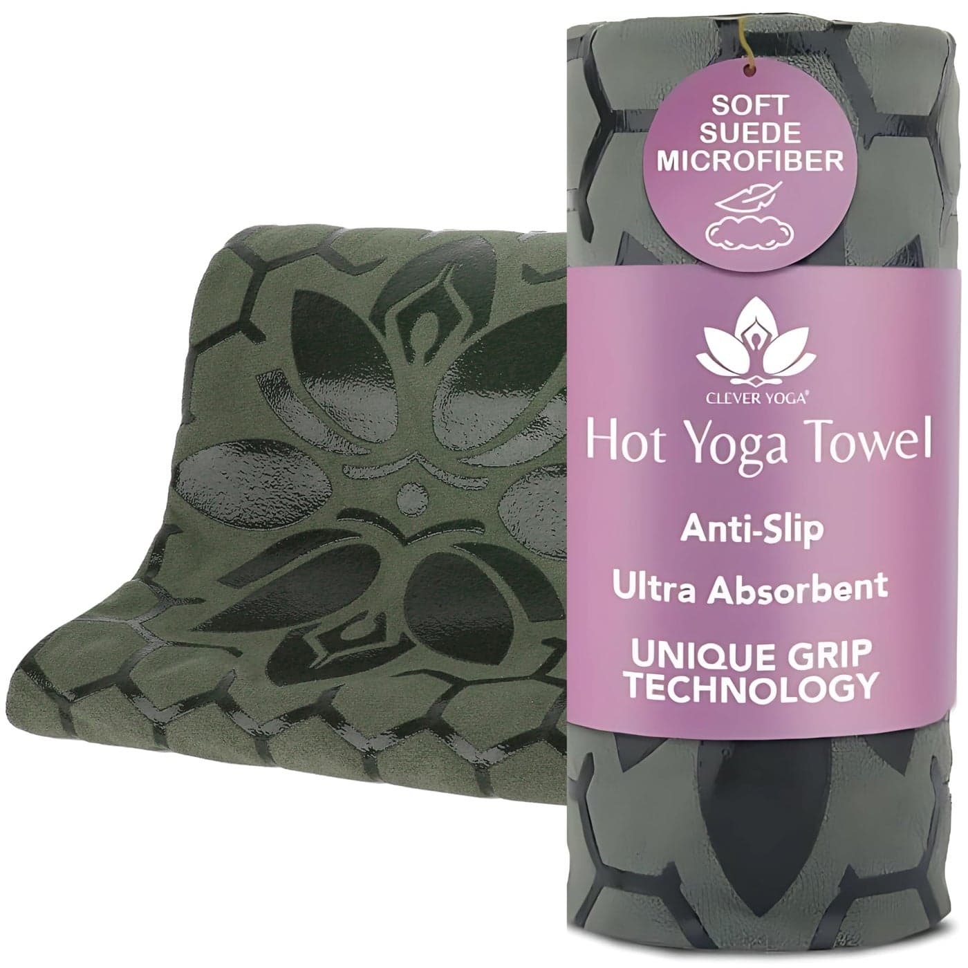 Clever Yoga NonSlip Hot Yoga Towel NonSlip Grip for Hot Yoga Sweat Absorbent Honeycomb Silicone Grip Stays Flat Ideal for Pilates Travel Washable Lightweight Olive