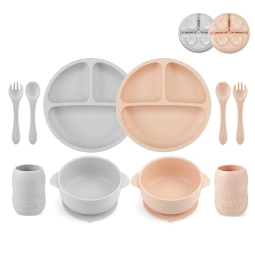 PandaEar Silicone Baby Feeding Set 2 Divided Suction Plate 2 Suction Bowl 2 Tiny Cup with 2 Spoons Baby Led Weaning Supplies Self Feeding Utensils Pink Gray
