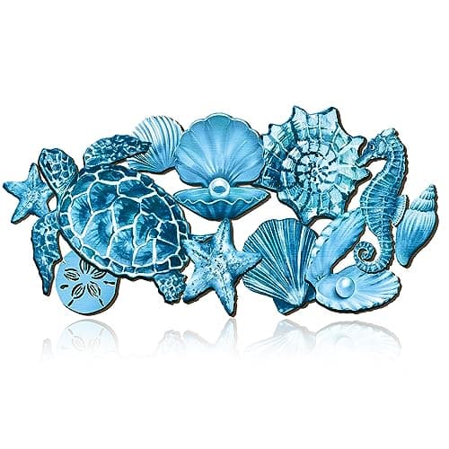 Qunclay Summer Ocean Themed Wall Decorations Sea Horse Shell Coastal Wood Sea Turtle Starfish Ocean Voyage Wall Hanging Decor for Home Pool Living Room Bedroom Outdoor Art, 15.8 Inch