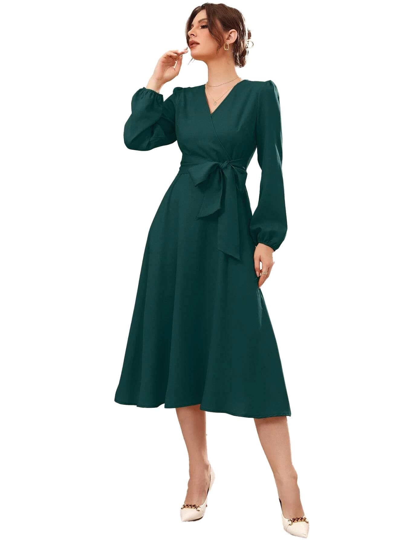 Istyle Can Dress for Women Solid Belted Wrap with Bishop Sleeves Surplice Neck High Waist & Flared Hem Midi (X-Large, Green)
