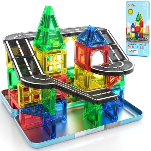 ORZbb Mini Magnetic Tiles Road with Case Toddler Travel Toys Trip Essentials Set Magnetic Building Blocks Toys for 3 4 5 Year Old Boys Girls Montessori Sensory Learning Easter Birthday Gifts