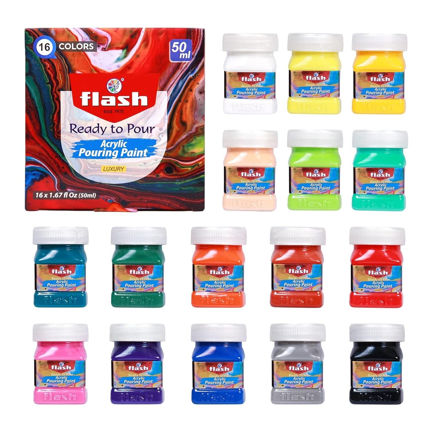 Flash Pouring Medium for Acrylic Painting-Fluid Art Kit-16 Colors High Flow Acrylic Paint Set For Pouring on Canvas Glass Paper Wood Tile Stones Etc-No Mixing Needed-50 ml each(1.6 Oz)-Multicolor