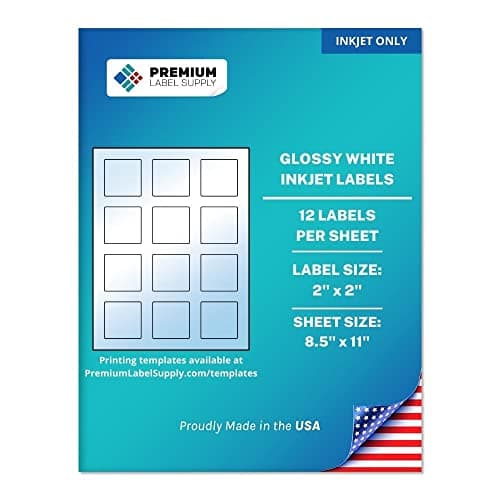 Premium Label Supply Glossy White Sticker Square Labels with Bleed – 2" x 2" – (12 per Sheet) (Glossy White for Inkjet Only, 300 Labels)