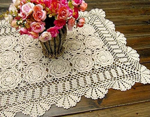 Damanni Rectangular Cotton Handmade Crochet Lace Table Runner Doilies Table Dresser Scarf Décor,19 Inch by 24 Inch,Beige