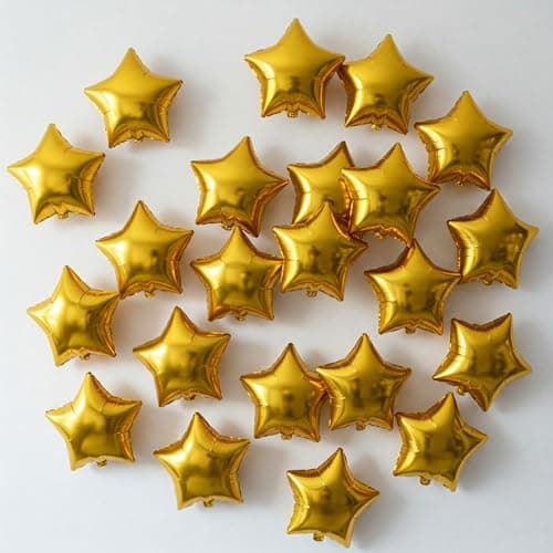 AMFIN® (Pack of 25) 9 Inch Small Star Shape Golden Foil Balloon with Ribbon for Birthday, Wedding, Anniversary, Welcome Baby Shower, Kids Party, Home Decoration - Golden