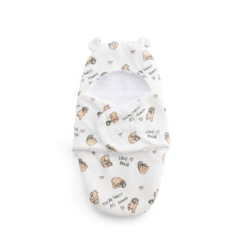Berkshire Sherpa Loftmink Baby Swaddle Hooded Pooh Sleep Sack with Fuzzy Bear Ear Details Classic Pooh Prints for Newborns Infants 03 MonthsSweet As Hunny No Stripes White 13235