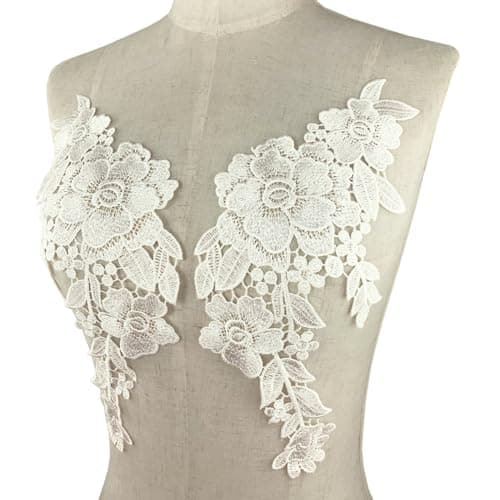 BETITETO Flower Lace Appliques 1 Pair White Embroidered Sew on Patches for Wedding Bridal Veil Dress Clothing Collar Bodice Craft DIY 1 WhiteOff
