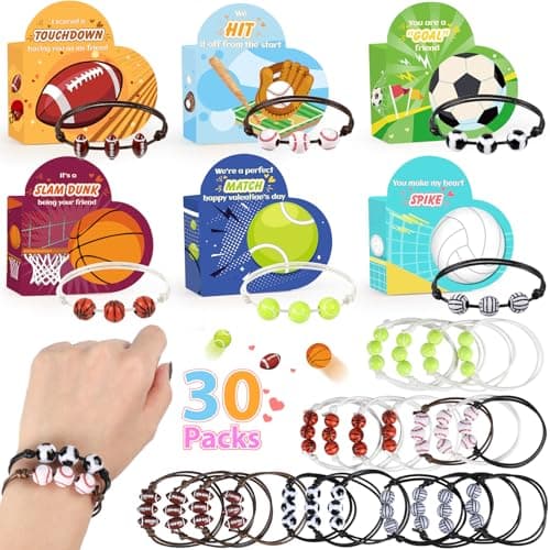 Valentines Day Gifts for Kids 30 Pack Valentines Day Cards for Kids School Classroom Heart Boxes with Sports Party Favors Bracelets Valentines Party Favors for Kid Exchange Games Prize Rewards