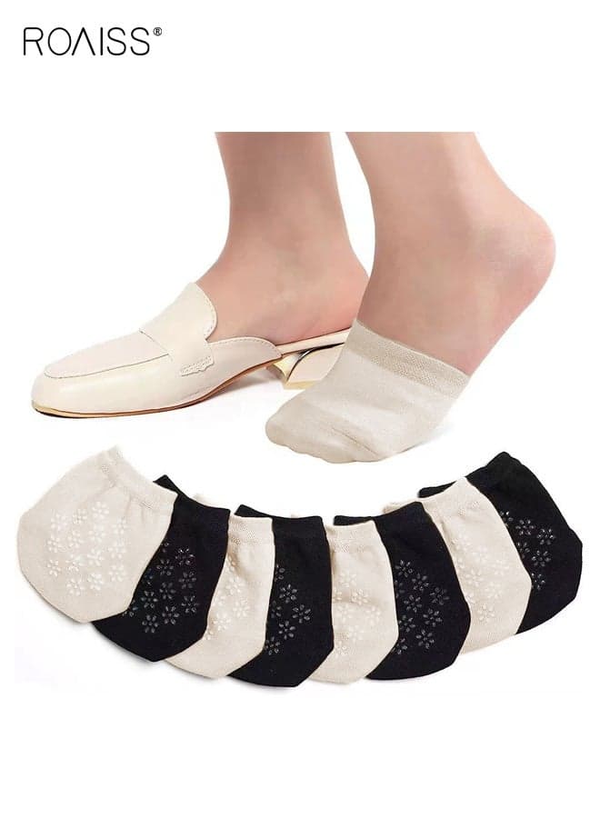 4 Pairs Women's No-Show Socks, Low Cut Invisible Liner Socks with Silicone Grip Strip, Anti-Slip Breathable Mesh Half Foot Cutton Socks, Skin-tone & Black