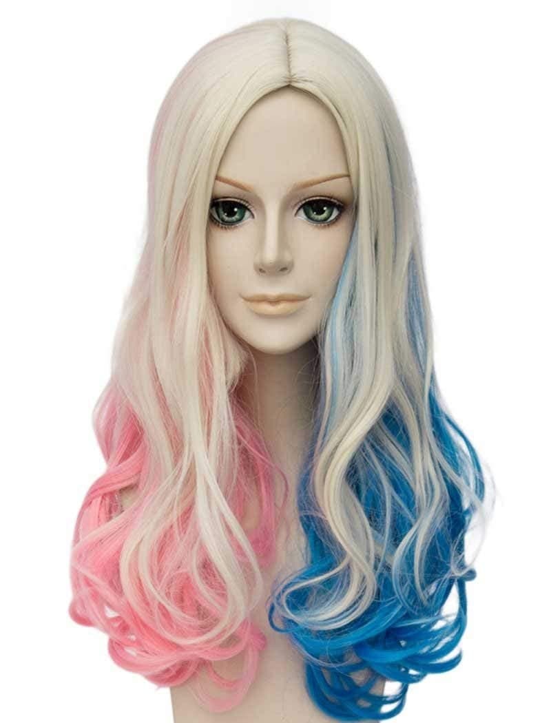 Qaccf Long Curly Mixed Color Middle Part Halloween Cosplay Women Wig