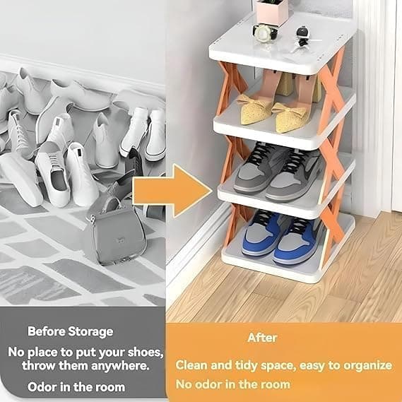 Deckline® Shoe Rack for Home Plastic, Adjustable Stand Organizer Stackable Storage Bedroom Entryway Shelf Footwear Collapsible Corner Tower Shoes and Book Slots Rack (4 Layer)