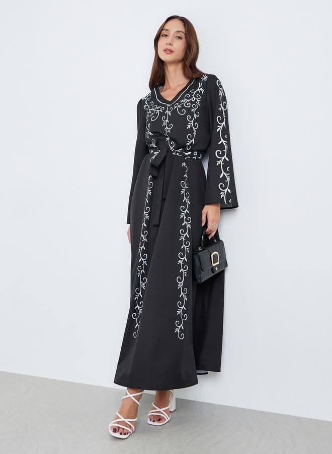 Women Black Floral Print Belted Maxi Dress