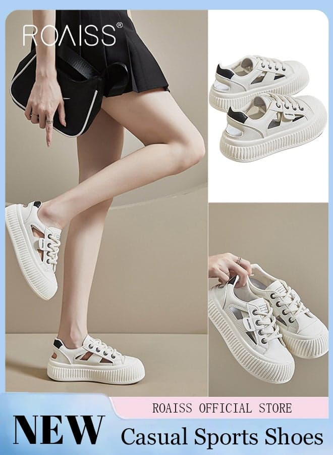 Women's Breathable and Comfortable Soft-Soled Sneakers Lace-Up Openwork Round-Toe Casual Sneakers Thick-Soled Versatile Platform Shoes, Low-Top Athletic Shoes, White
