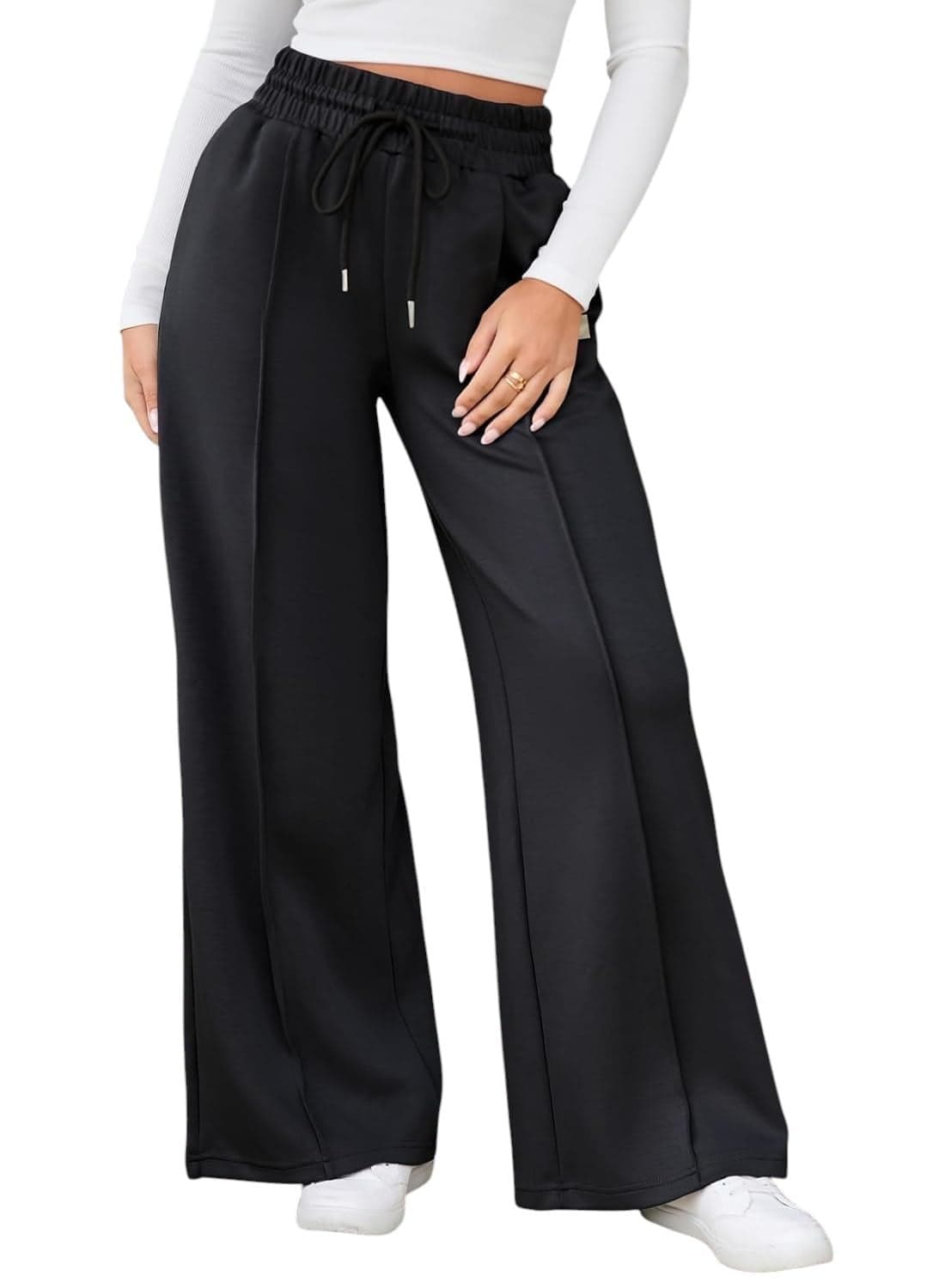 Q - RIOUS Women's Wide Leg Drawstring Relaxed Fit Trouser Black