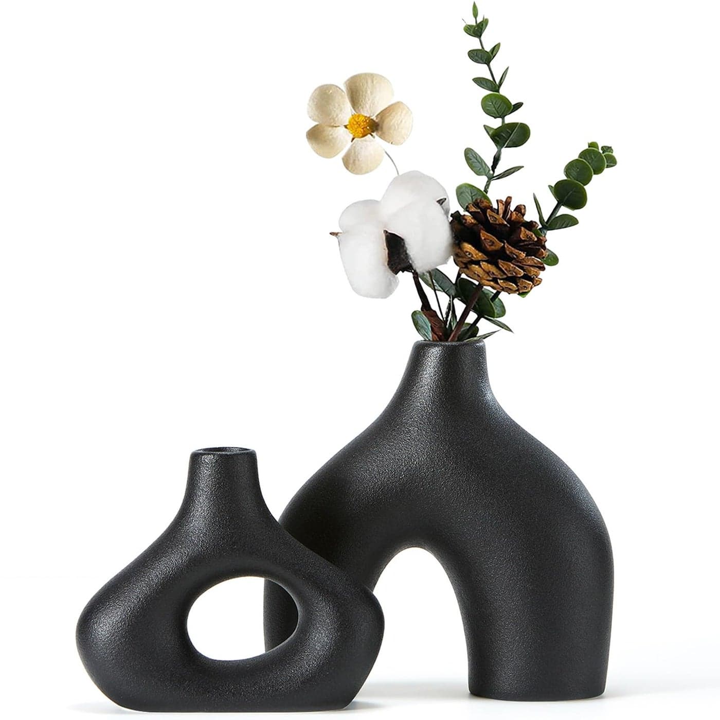 CEMABT Black Ceramic Vase Set of 2 for Modern Minimalist Bohemian DecorRound Matte Donut Vases for Pampas GrassPerfect for Living Room Dining Table Office Bedroom Shelf Decor Entryway Console