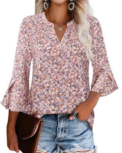 Gaharu Blouses for Women Casual Long Sleeve Floral Shirts Winter Blouse Dressy Ruffle 3/4 Sleeve Tunic Top Office Work Western Gifts Shirts Printed Ladies Tunic Holiday Outfits Floral Pink Blue,XL