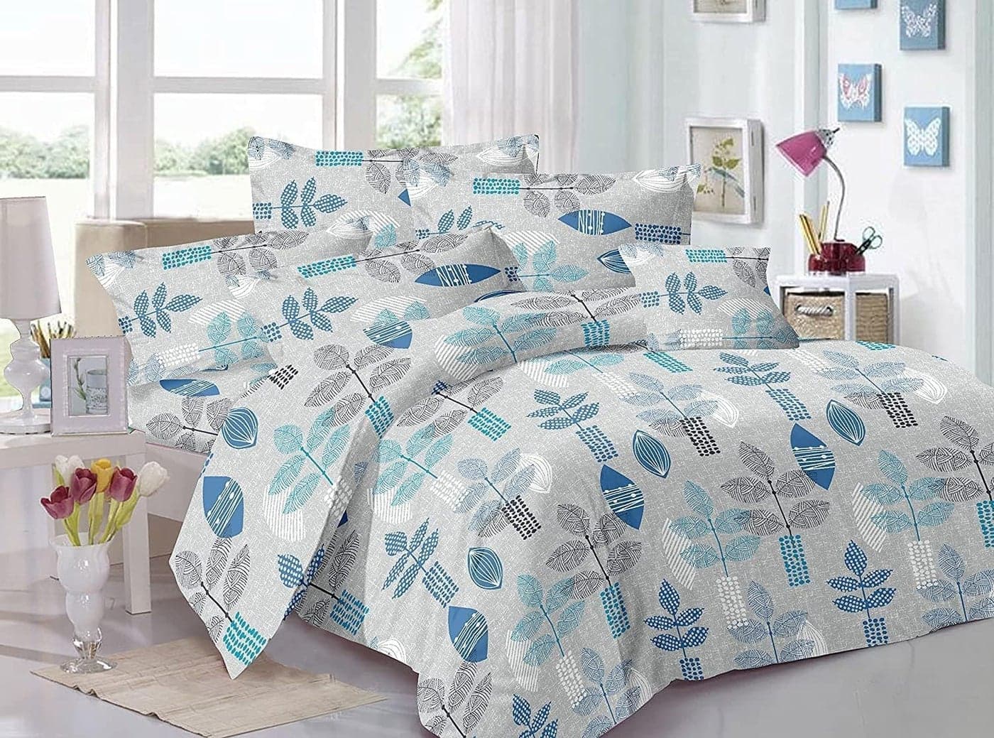 Trance Home Linen 100% Cotton Printed Zippered Duvet Cover/Blanket Quilt Comforter Razai Cover - King Size (102 x 110 Inch) Textured Leaves Blue