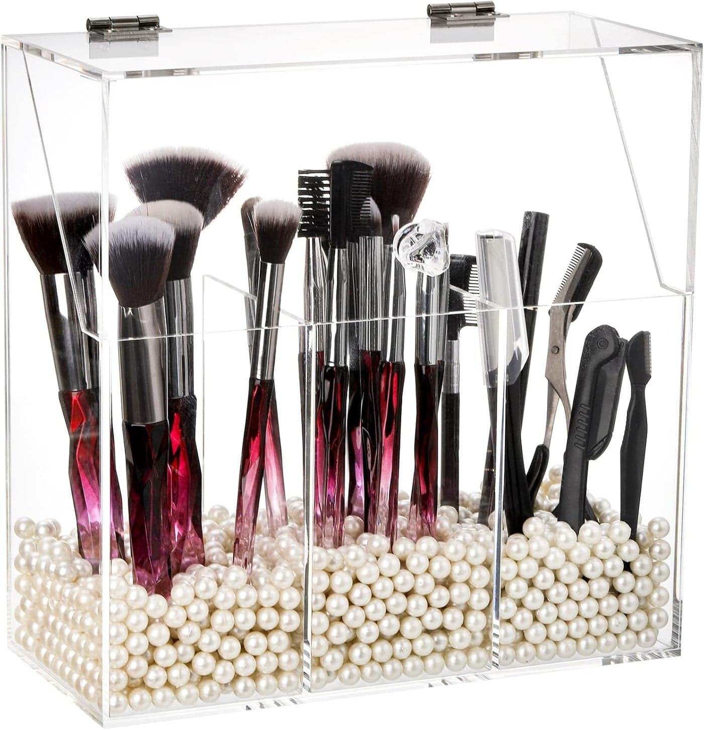 Okllen Makeup Brush Holder with Dustproof Lid, White Pearls, Acrylic Clear Makeup Brush Organizer with 3 Compartment, Large Cosmetic Brush Storage Box Case for Vanity, Bathroom, Bedroom