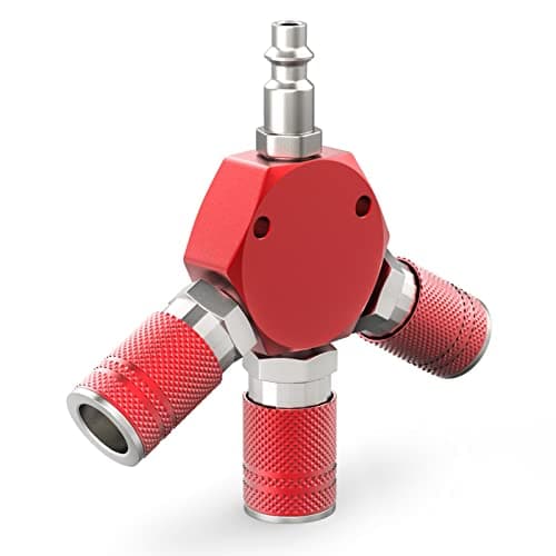 GASHER Red 3-Way 1/4 Inch NPT Aluminum Hex Style Air Manifold with 3 Pieces Steel Industrial Coupler and Plug, Air Compressor Hose Accessories Quick Connect Fittings Air Splitter