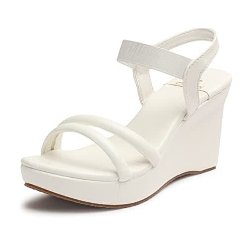 XE Looks Women's High Heel Wedges Sandal | Stylish and Comfortable Thong Strap Slip-On Sandals | Soft Cushioned Sole and Open Toe Heels for Casual Office and Formal Wear (White)