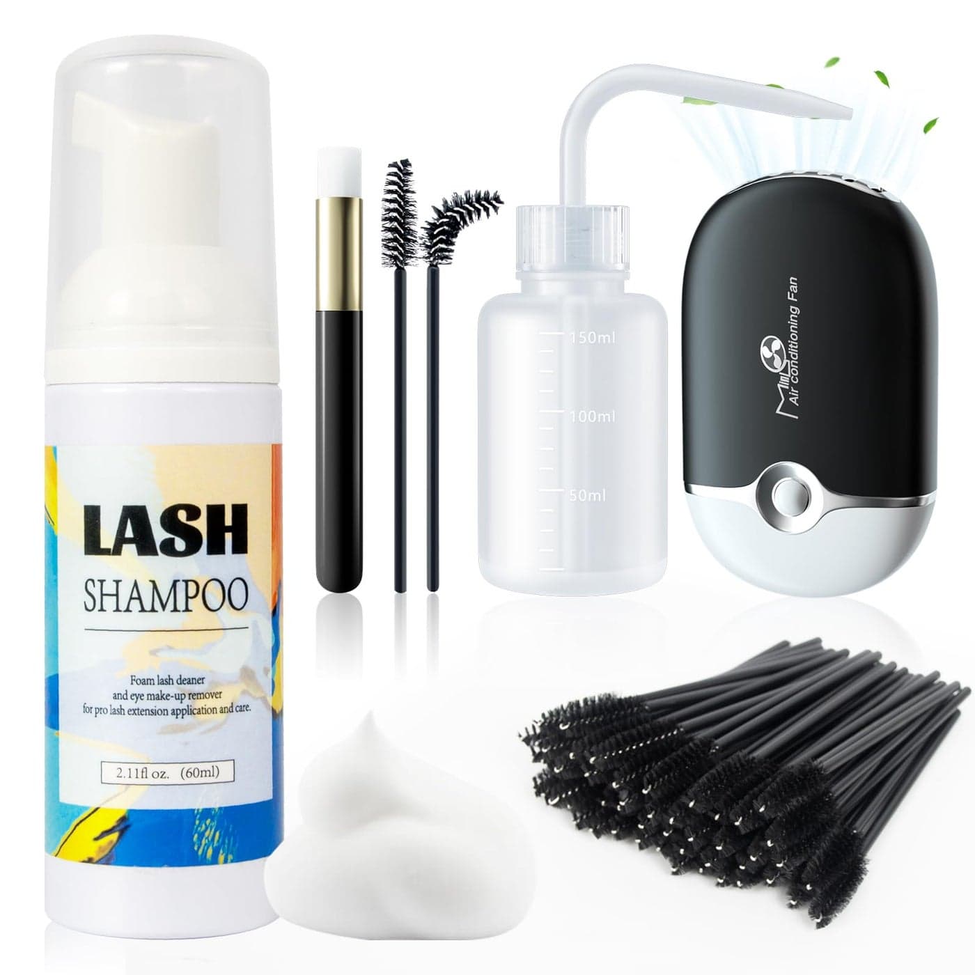 Buqikma Lash Shampoo for Lash Extensions Mini Lash Fan 211Floz Rich Foam Eyelash Shampoo 50 Pcs Eyelash Brush and Rinse Bottle for Eyelash Wash Remover Lash Extension Cleanser for Home Use Black
