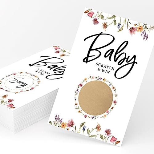 Printed Party Baby Shower Game – Floral Scratch Off Cards for Girl, Baby in Bloom Design, 30 Cards and Stickers