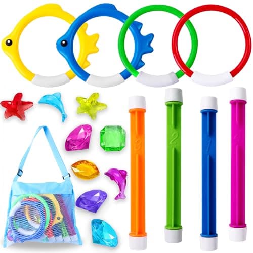 YUJUN 18PCS Pool Diving Swimming Toys Summer Underwater Game Toys with Pool Fishes Dive Sticks Rings Gems Storage Bag for Kids Swim Birthday Party Favors
