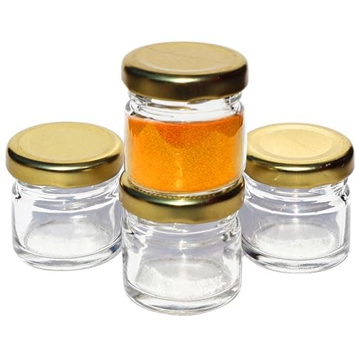 Pure Source India Round Mini Glass Jar Containers, Food Grade and BPA Free With Airtight Metal Gold Color Cap - 20 Gram, Pack of 4 Pieces, Clear