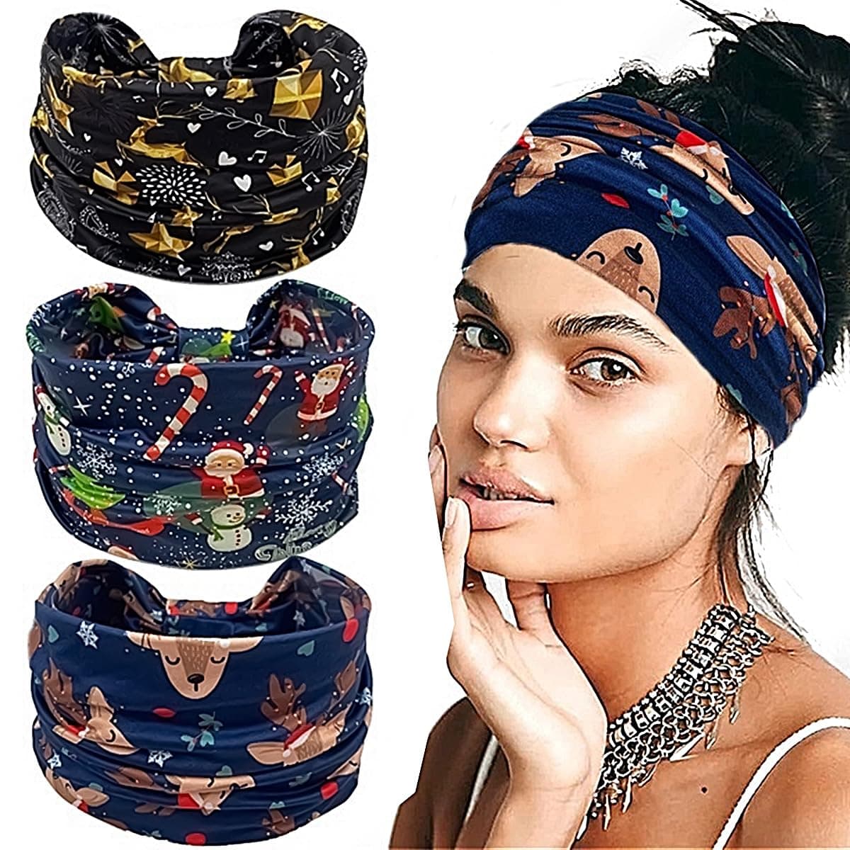 Doneace Christmas Twisted Headbands Snowflake Elk Elastic Turban Headband StretchKnotted Hair Wraps Hair Accessories For Christmas Party Women Girls 3Pcs