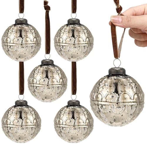 Threan 6 Pcs Large Vintage Mercury Glass Christmas Ornaments 3.15" Hanging Christmas Ball Ornaments Antique Embossed Ball Decorations for Xmas Tree Garland Wreath Holiday Decor(Champagne Gold,Etched)