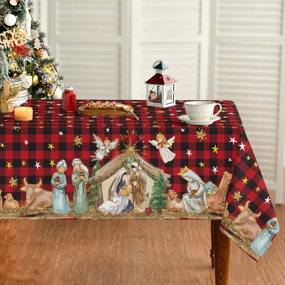 Horaldaily Christmas Tablecloth 6084 Inch Holy Nativity Red Buffalo Plaid Washable Table Cover for Party Picnic Dinner Decor