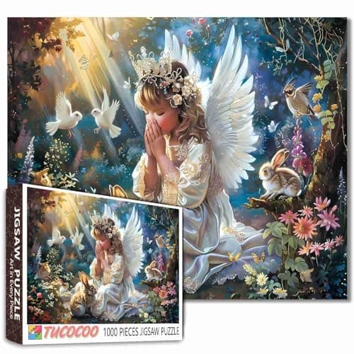 Tucocoo 1000 Piece Jigsaw Puzzles for Adults Little Angel with White Wings Jigsaw PuzzlesForest Animals and Prayerful Angel PuzzleChallenging Family Activity for Game NightsPuzzle Wall Art Decor
