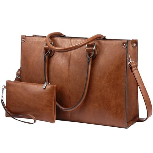 LOVEVOOK Laptop Tote Bag for Women, 15.6 Inch Large Capacity Vintage Leather Work Computer Bag, Business Casual Shoulder Handbag, Dark Brown