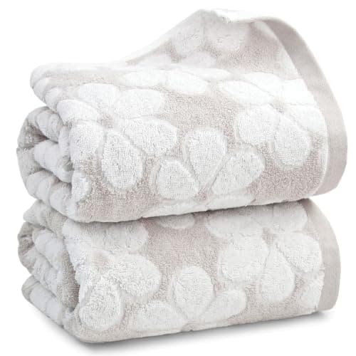 Jacquotha Soft Bath Towels 2 Pack, Super Absorbent Shower Towels 27.5x55 Inches, Cute Floral Jacquard Bathroom Set, Cotton, Light Beige
