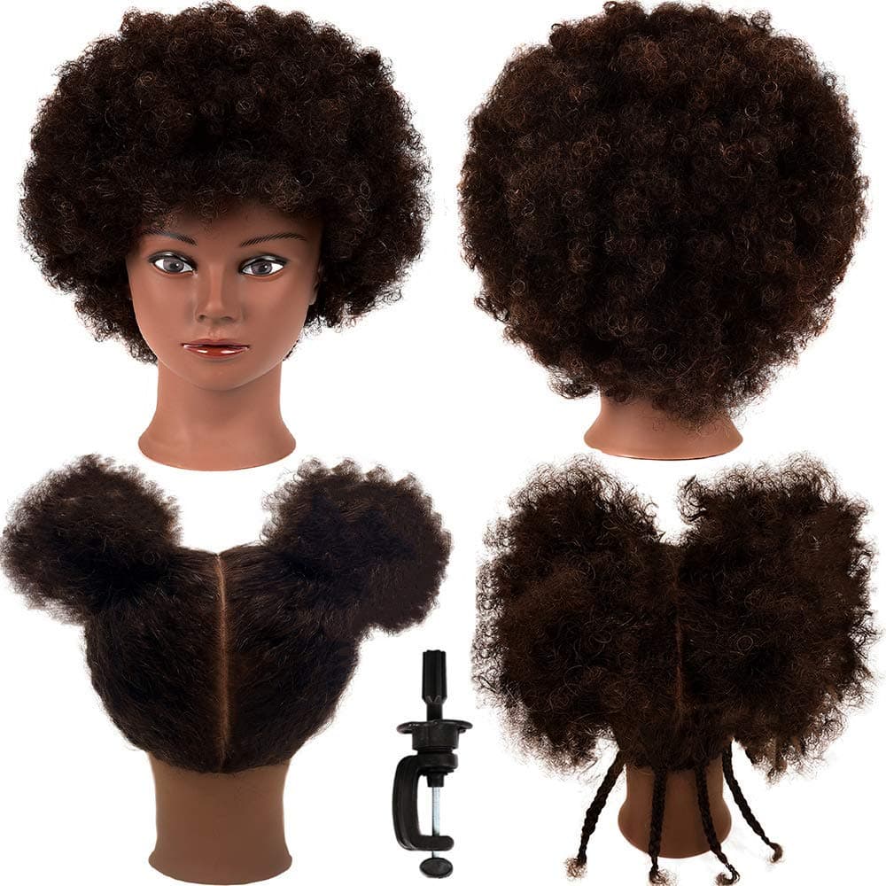 MORRIS 10 Human Hair Training Afro Mannequin Head Short Curly Hair for Beginners to Practice Braiding Cutting Styling Includes Clamp