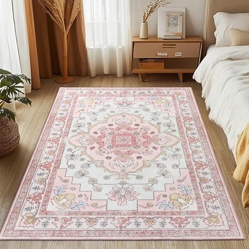 MOSISO 4x6 Area Rug for Living Room Washable Area Rug NonSlip Vintage National Area Rugs Low Pile Carpet Faux Wool Rectangular Area Rugs Carpet for Living Room Bedroom Dining Room Home Pink
