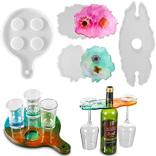Geiserailie 4 Pieces Wine Glass Holder Resin Mould Serving Tray Epoxy Mould Shot Wine Rack Silicone Mould Beer Paddle Holder Moulds with Coaster Casting Moulds for DIY Handmade Agate Home Decorations