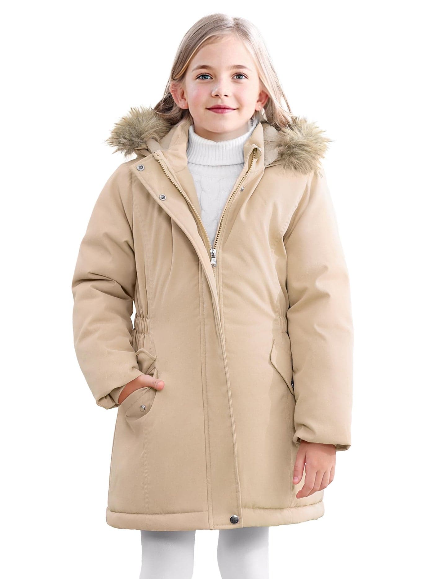 XMWEALTHY Girls Winter Long Coat Kids Warm Puffer Jacket Teen Padded Fleece Puffy Down Parka with Fur Trim Hood Khaki 13-14Y