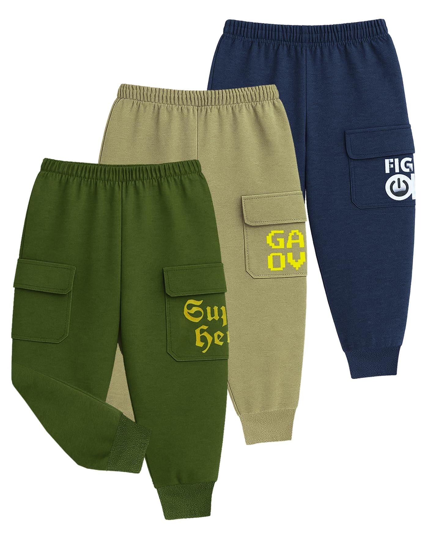 Kuchipoo Boys Cargo Joggers - Pack of 3 (Multicolor, 9-10 Years, PAJ-181)