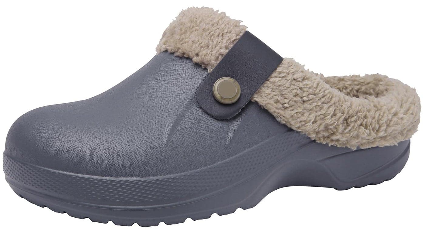 ChayChax Women and Men Fur Lined Clogs Memory Foam Warm Fuzzy Slippers Winter Waterproof Indoor Outdoor Slipper, Grey, 8.5-9 Women/7.5-8 Men