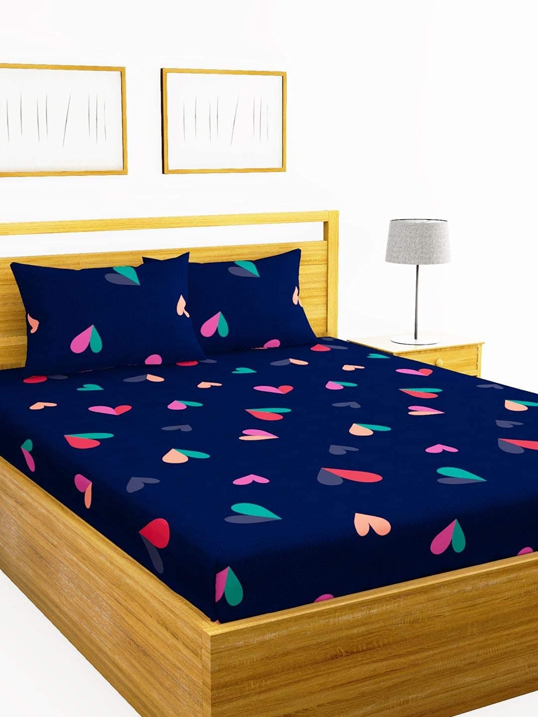 DECOMIZER Cotton Feel Glace Cotton Elastic Fitted Printed Queen Size Double Bed Bedsheet With 2 Pillow Cover Fits Upto 8 Inches Mattress,Size- 60X78X10 Inches,Blue Hearts,300 TC