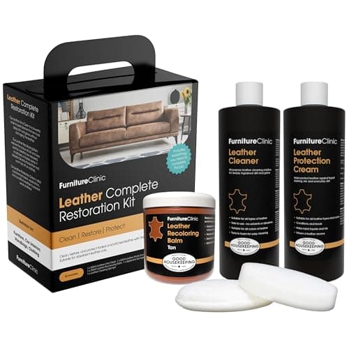 Furniture Clinic Leather Complete Restoration Kit | with Leather Recoloring Balm, Cleaner, 2-in-1 Protection Cream & Conditioner, Sponge, and Cloth | Repair Kit for Furniture (Tan)