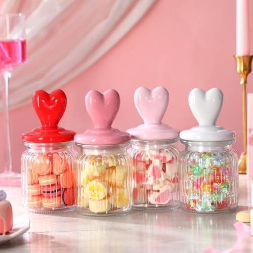 Qinyoung 4 Pcs 16 oz Valentine's Day Glass Candy Jars Clear Valentines Containers with Ceramic Heart Lid Cute Decorative Storage Jars for Cookie Chocolate Nut(Pink,Red,Light Pink,White,Classic Heart)