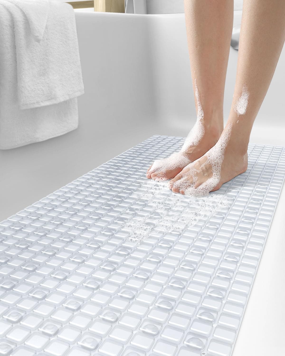 DEXI Bathtub Mat Non Slip Extra Long 39x16 Suction Cups Drain Holes Machine Washable for Tub Shower Floor Clear