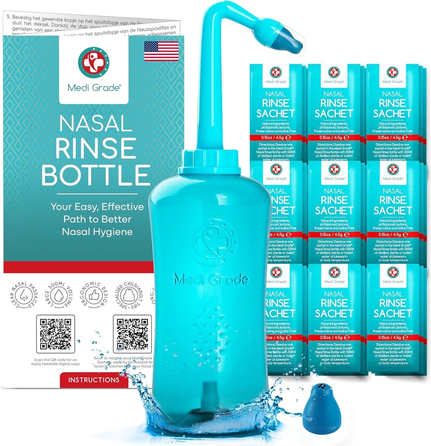 Medi Grade Sinus Rinse Bottle, 500ml with 30 Sinus Rinse Packets - Complete Nasal Irrigation System - Neti Pot Nose Cleaner - Nasal Wash Kit for Home or Travel - 2 Nasal Rinse Tips and Storage Bag
