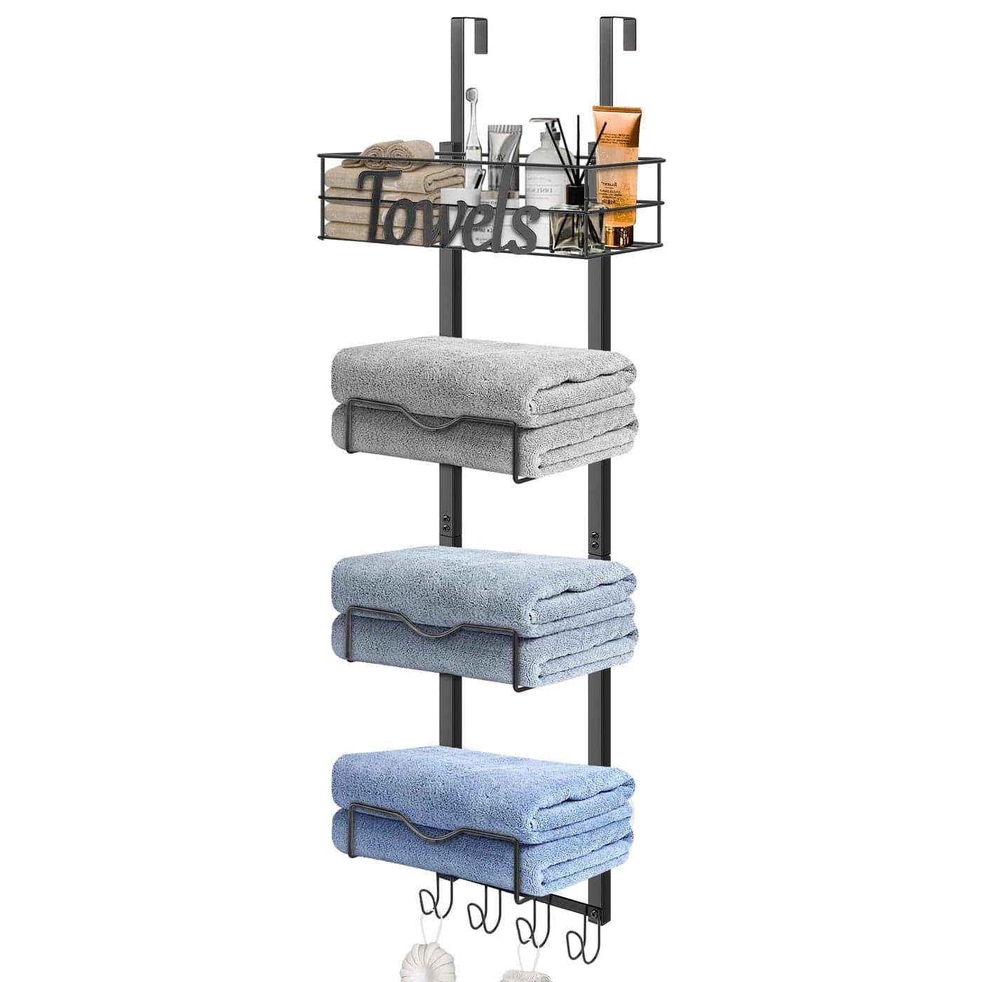 HarJue Over The Door Towel Racks No Drill Towel Storage with Basket Hooks SpaceSaving MultiFunctional Towel Holder for Bathrooms bedrooms Apartments RVs Matte Black