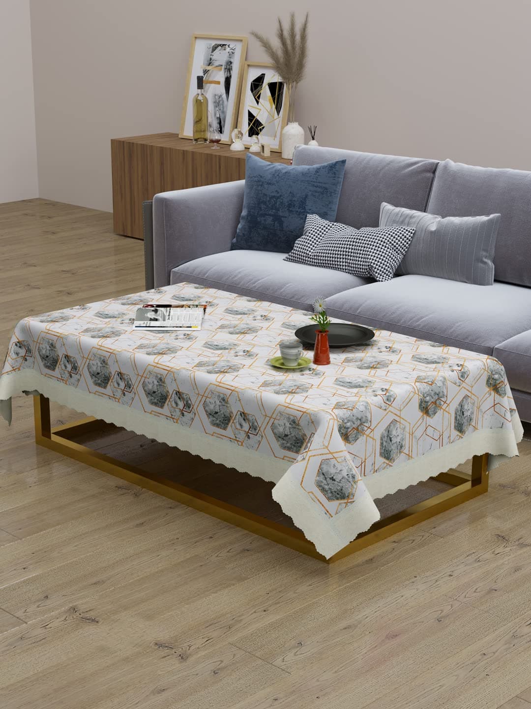 Clasiko 6 Seater PVC Table Cover; Anti Slip; 60x90 Inches; 6 Seater; White & Brown Heart