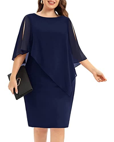 Pinup Fashion Navy Blue Dress for Women Plus Size Cape Cocktail Wedding Guest Elegant Evening Party Semi Formal Midi Dress Bodycon